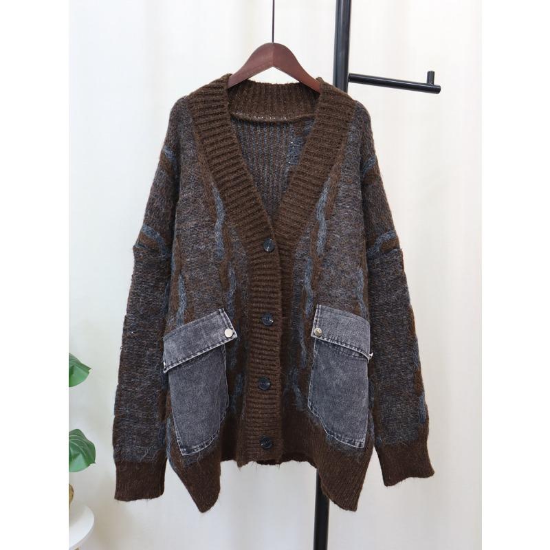 Autumn and Winter Splicing Pocket Denim Knitted Cardigan Women's Loose Lazy Style Versatile Sweater Jacket Thick