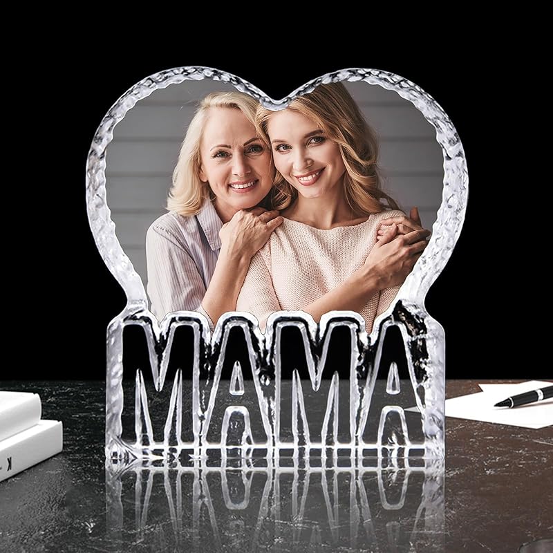 Custom 3D Crystal Photo, Personalized 3D Crystal Night Light Heart-shaped Photo Frame, Best Gift for Couple Love Women Men Wedding (MOM)