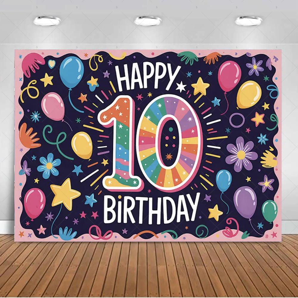 10th Birthday Party Decoration Backgound Surprise Colorful Glitter Balloon Gift Banner Boys Girls Happy Photography Studio Prop