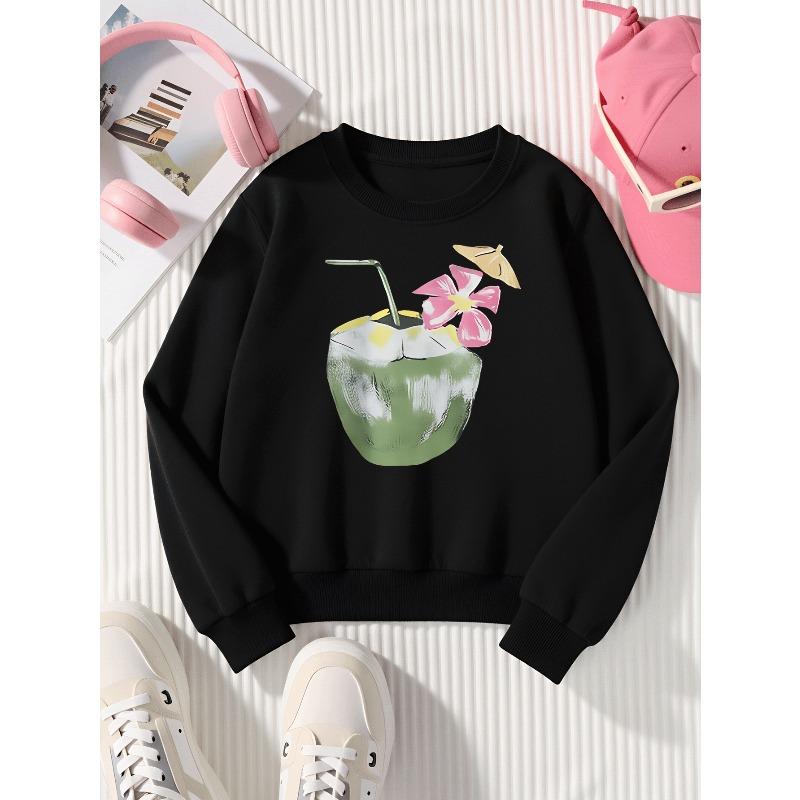 Kids Sweatshirt Crewneck Sweatshirt Coconut Drink with Flower And Straw Machine Washable, Spring And Autumn, Sportswear And Casual Wear