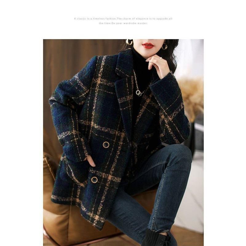 Retro Geruite Wolleren Jas Voor Dames Middellang Revers Casual Jas