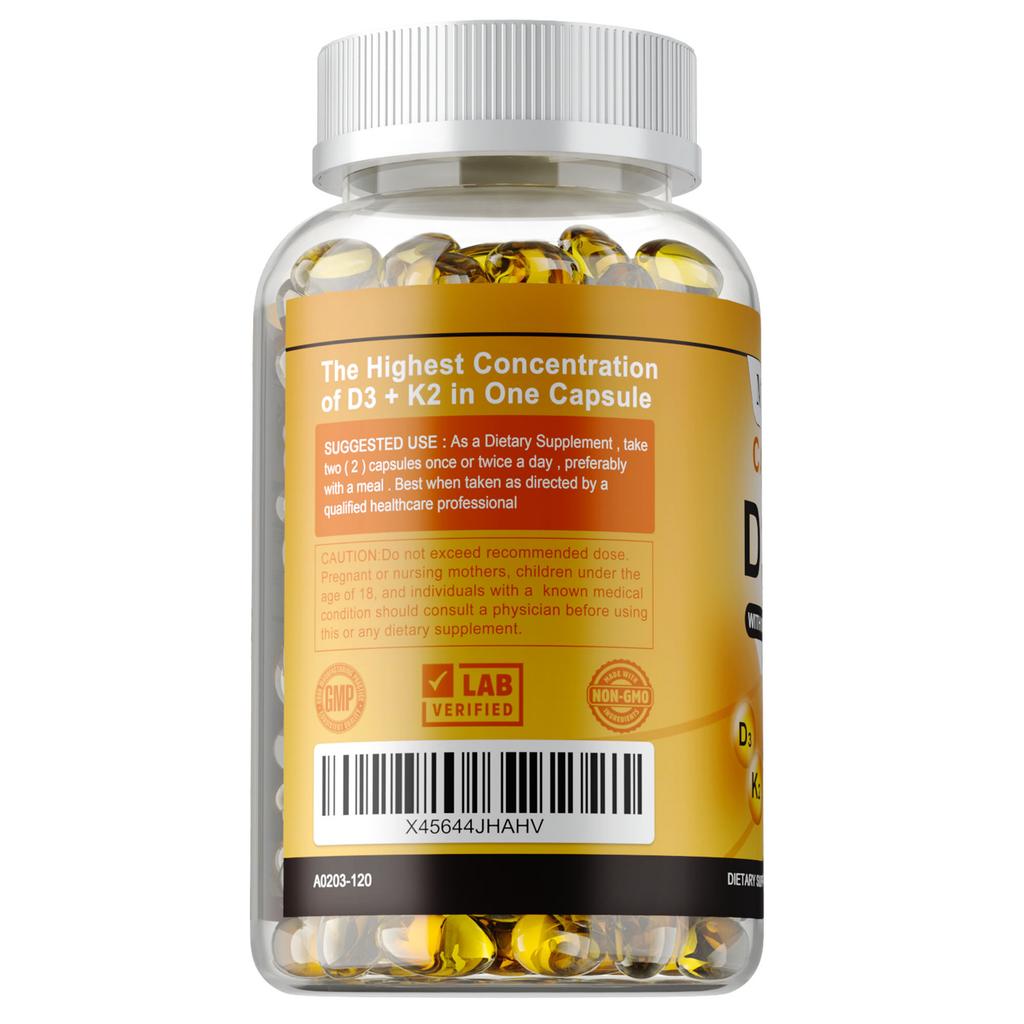 Natural Vitamin D3+K2 Capsules, Containing Organic Coconut Oil, Beneficial for Bone and Teeth Health.