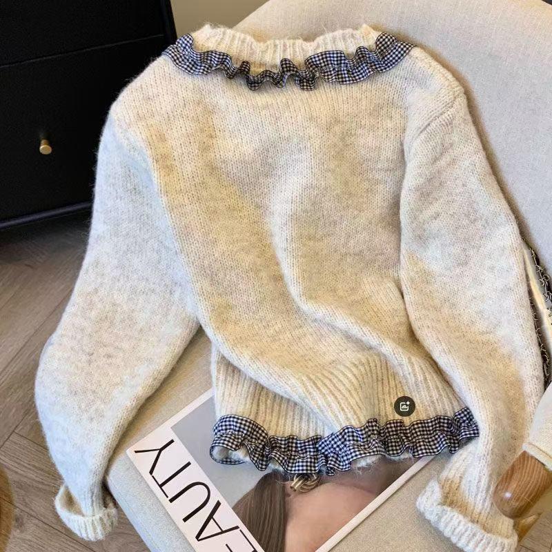 Korean Ruffle Plaid Bow Cardigan - Women's Chic Long Sleeve Knitted Top for Autumn/Winter