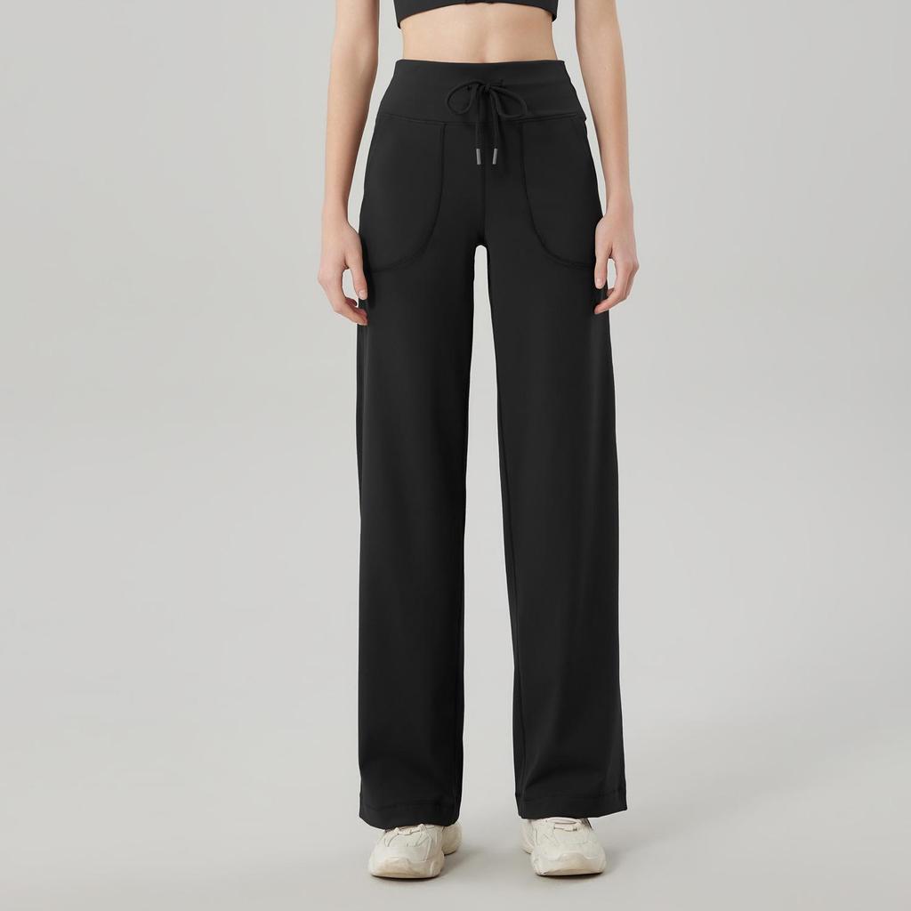 Dámské široké kalhoty se stahovací šňůrkou na jógu a fitness - Volné, ležérní a zeštíhlující design s rovnými nohavicemi