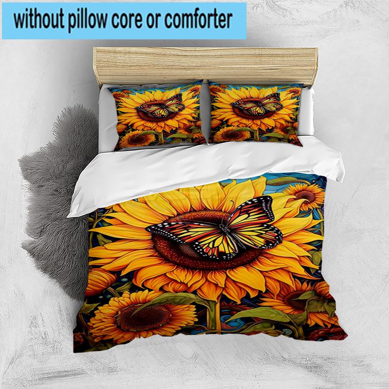 Butterfly And Sunflowers 3pcs Bedding,Including 1pc Duvet Cover And 2pcs Pillowcases Perfect for Christmas,Ideal for Bedroom, Dormitory