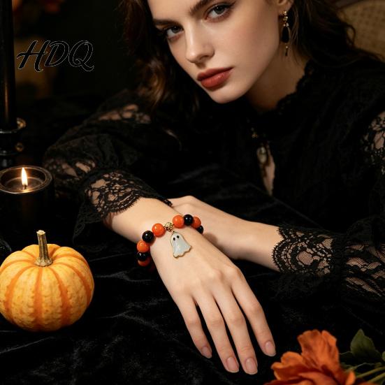 Handmade Beaded Elastic Wristbands Halloween Bracelet for Women Orange Black Beads Stretch Ghost Jewelry with Charm Stackable Holiday Accessory
