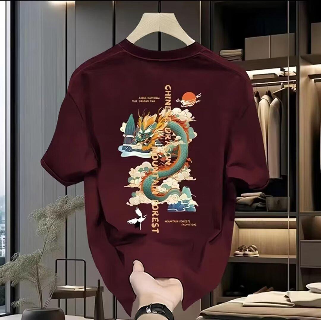 Футболка с забавным рисунком дракона, мужские винтажные свободные хлопковые топы, летняя одежда, спортивная футболка большого размера S 42.5-50kg вино красного