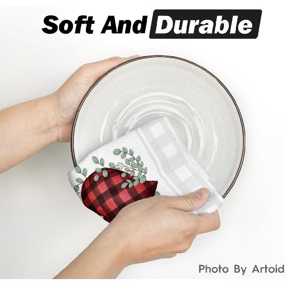 Artoid Mode Red Buffalo Plaid Heart Love Valentine's Kitchen Towels Dish Towels, 18x26 Inch Anniversary Wedding Decoration Hand Towels Set of 2