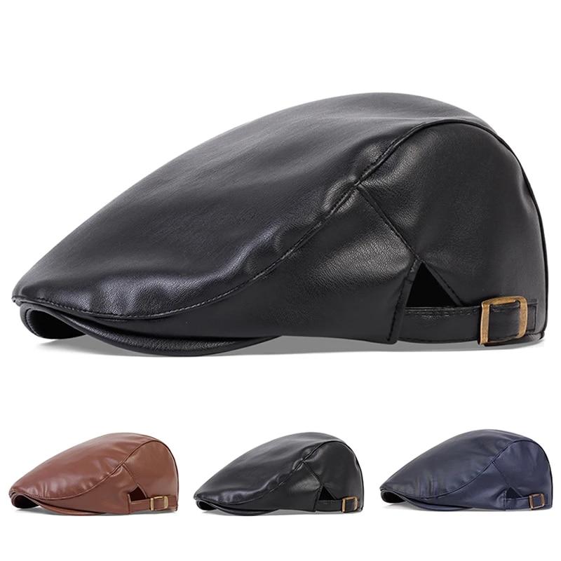 Men Retro Pu Leather Newsboy Caps British Painters Hats Spring Autumn Side Adjustable Flat Cap Hip Hop Berets