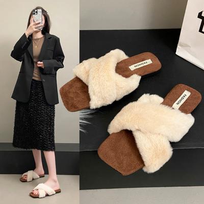 Classic Slippers for Women Casual Flat Low Heels Sweet Short Plush Shoes for Women Solid Fur Slip On Winter Sandals Plus Size