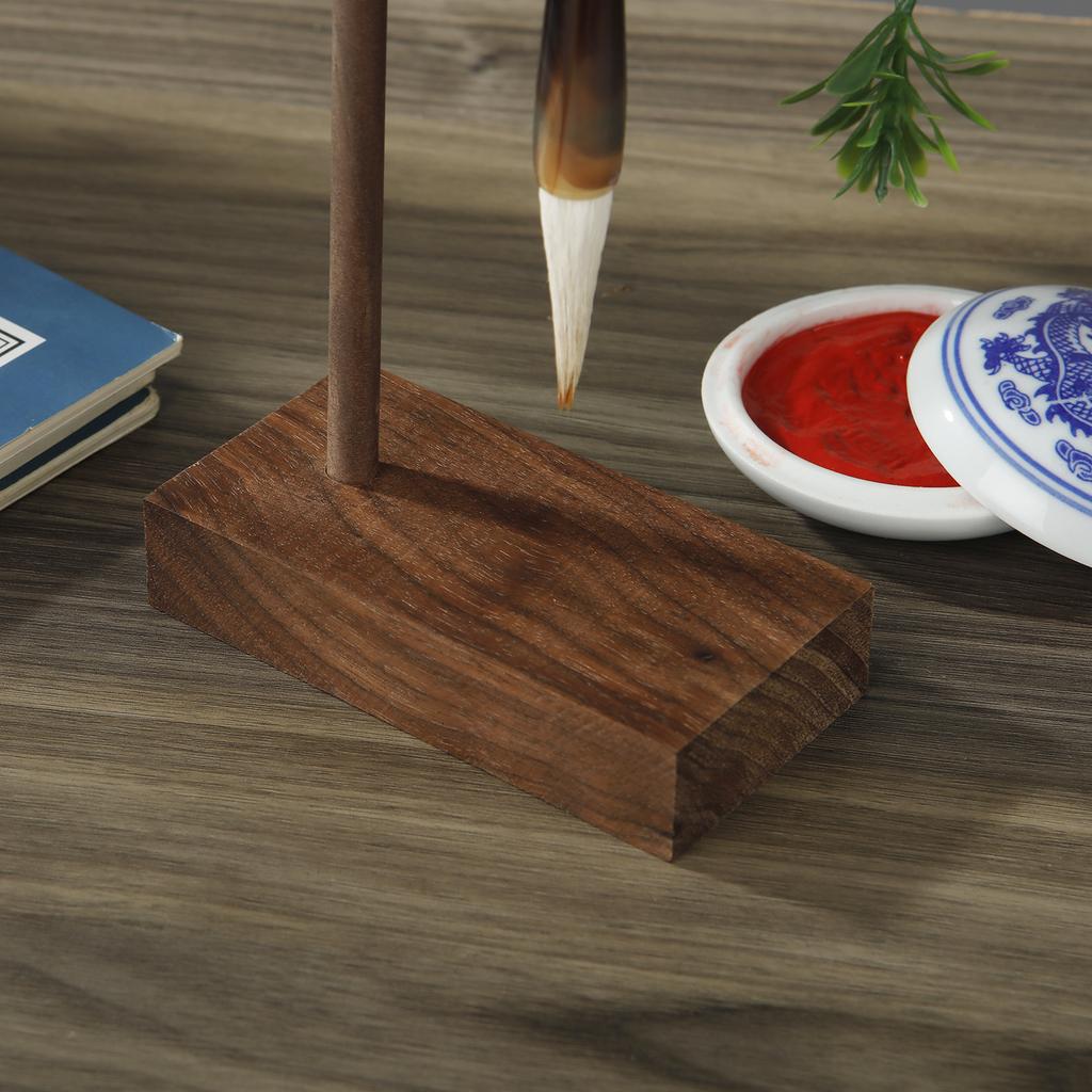 Chinese Wu Brush Pen Holder with Wooden Base Calligraphy Rest Ink Hanger Metal Writing Brush Holder School Stationery