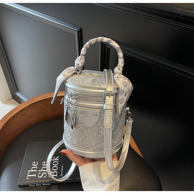 

Маленькая сумка в иностранном стиле женская 2025 весна новая мода нишевая на плечо сумка-мессенджер текстурная шелковый шарф портативная сумка-ведро серебряный