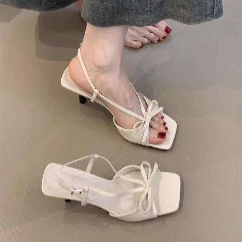 Fashion Temperament One Word Strap High Heel Sandals Square Toe Open Toe Bow Stiletto High Heel Shoes Women's New Style