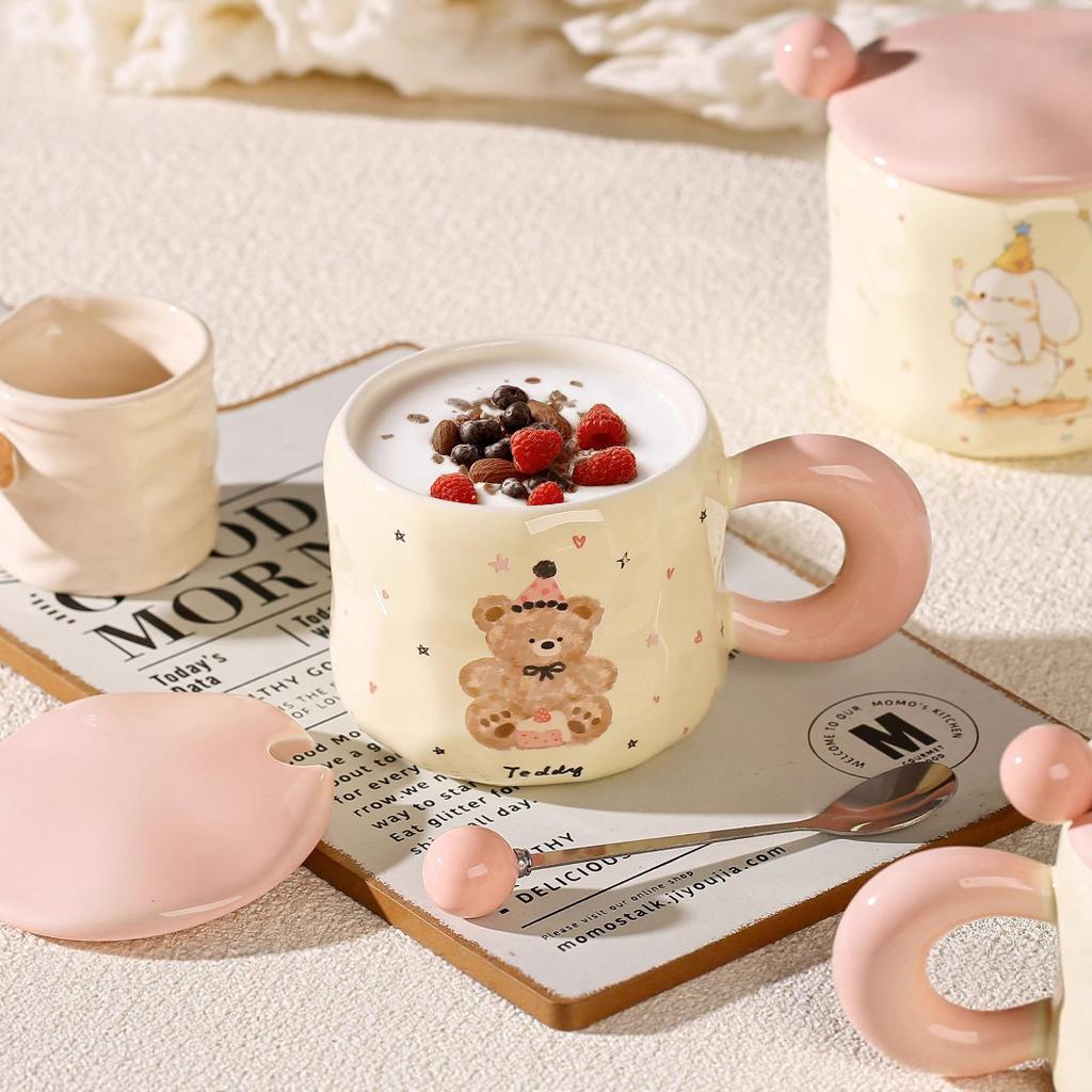 Cute Bear Cup Animal Mug with Lid Spoon Ins Style Girls Ceramic Cup Set Breakfast Cup Office