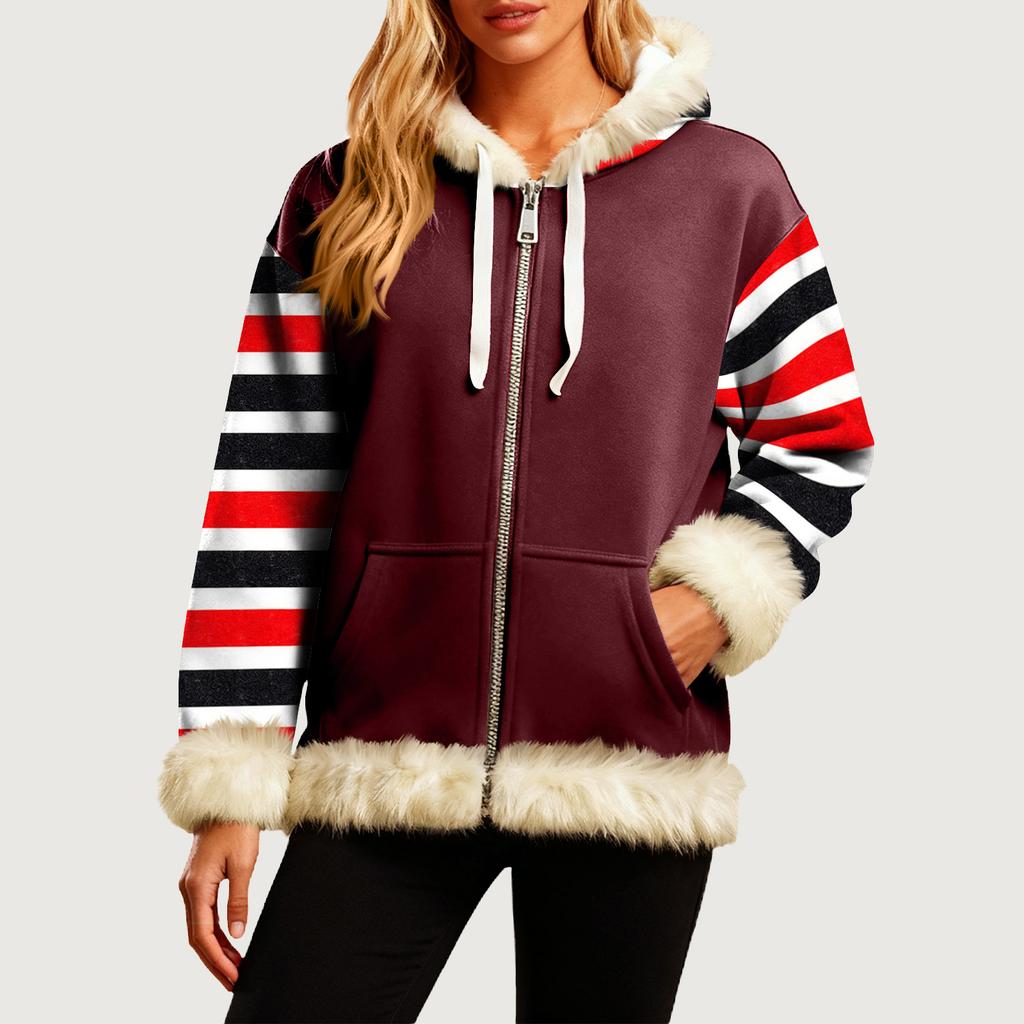 Damen Bequeme Lockere Mode Lässig Gestreifter Druck Langarm Taschen Kapuzenpullover Jacke