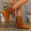 Cross-border New Large-size Rivet Suede Fringed Boots Women's Foreign Trade Round Head Inner Height Increase Thin Medium Boots