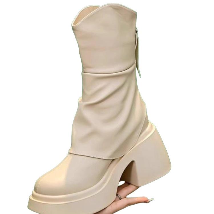 Small Thick-soled Heightening Short Tube Thin Boots Women's New Waterproof Table Thick-heeled Splicing Martin Boots In Autumn and Winter 2025