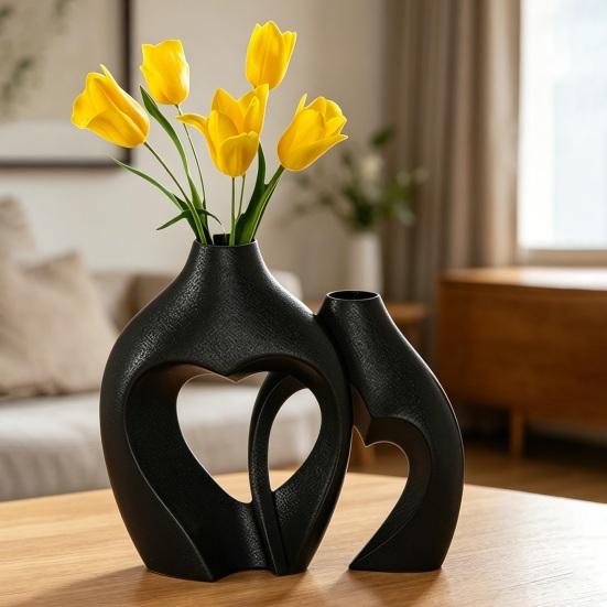 1 Pair Snuggle Hollow Heart Shaped Vase, Minimalist Modern Flower Vase, Nordic Boho Style Decorative Vase for Living Room Shelf, Mantle, Entryway,
