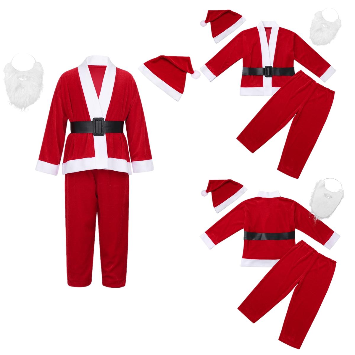 

Детский костюм Санты для мальчиков, наряд, топы с длинными рукавами, шапка, борода, брюки, пояс, набор для рождественской косплей-вечеринки, наряжаться 9-11 Years красный
