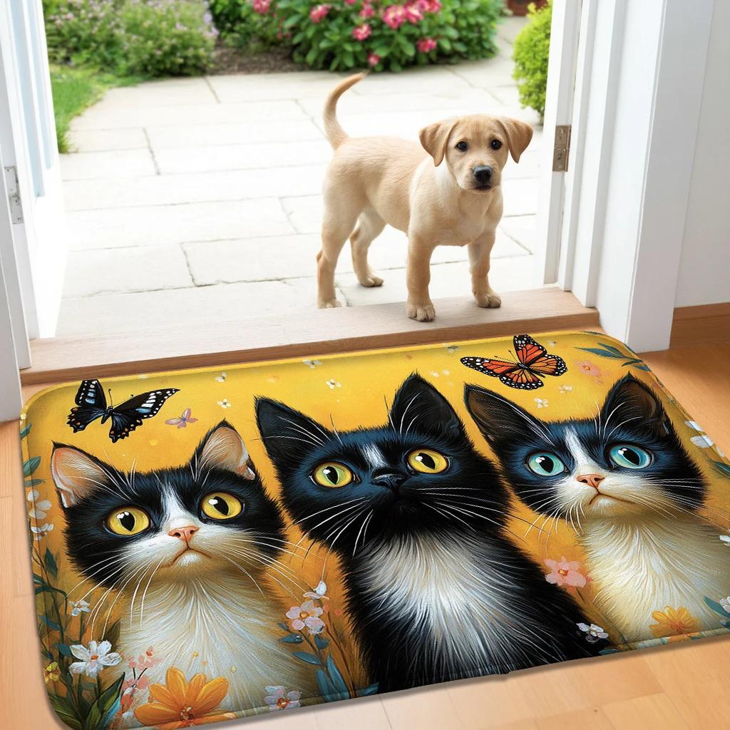 Cute Cat Flannel Kitchen Floor Mat Absorbent Door Mat for Bedroom Living Room Hand Washable