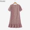 ZANZEA Women Casual Square Collar Short Sleeve Grid Print Dress