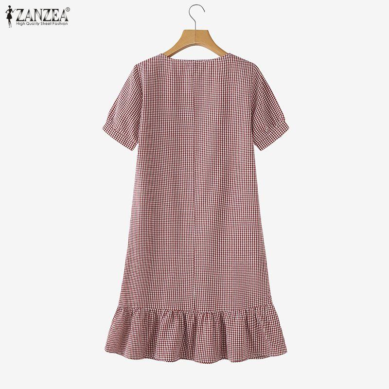 ZANZEA Women Casual Square Collar Short Sleeve Grid Print Dress