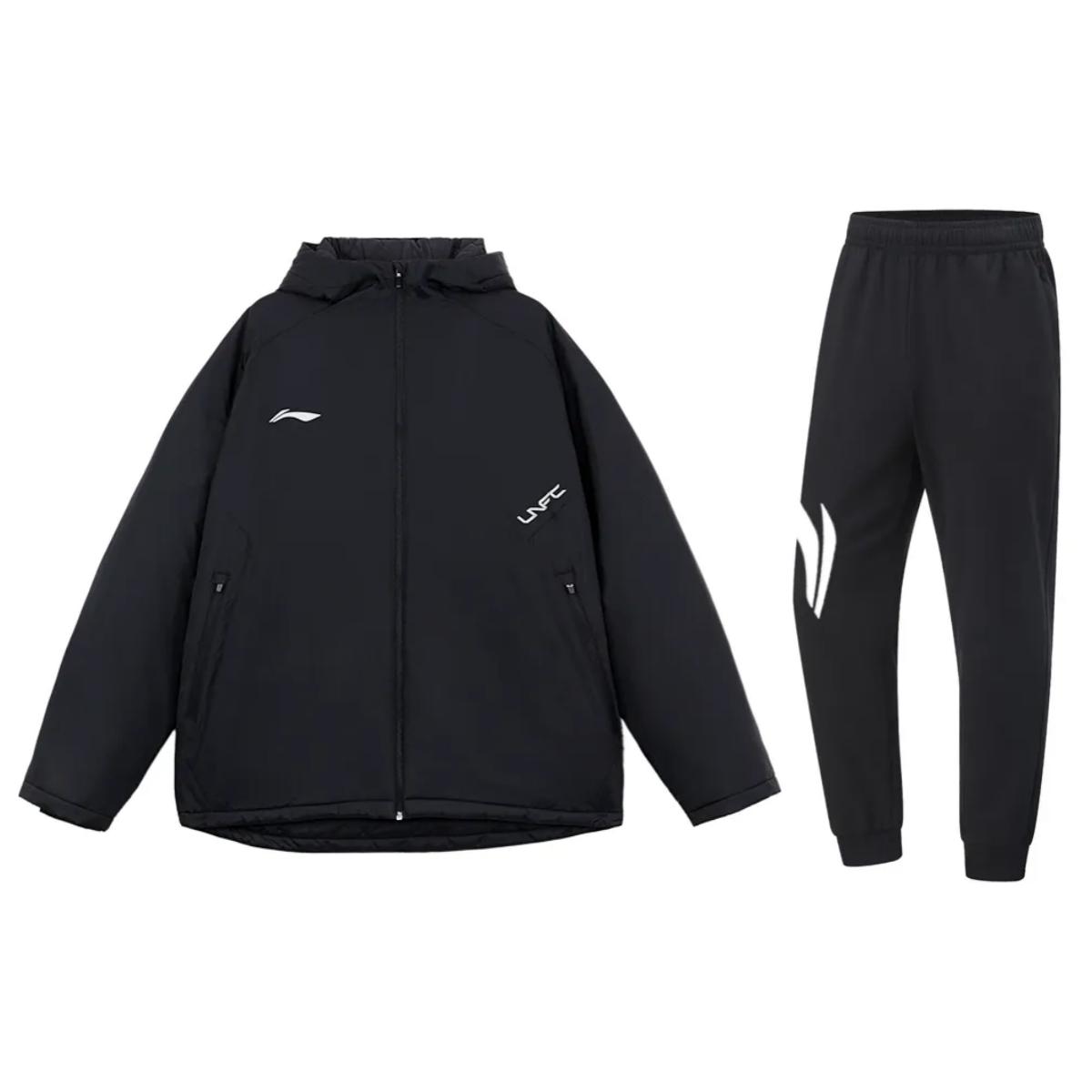 

Хлопковая куртка с капюшоном и логотипом с принтом Li Ning, удобные универсальные флисовые толстые длинные брюки, повседневный спортивный костюм, мужской костюм, черный YJMU019-3+YKLU341-1 M