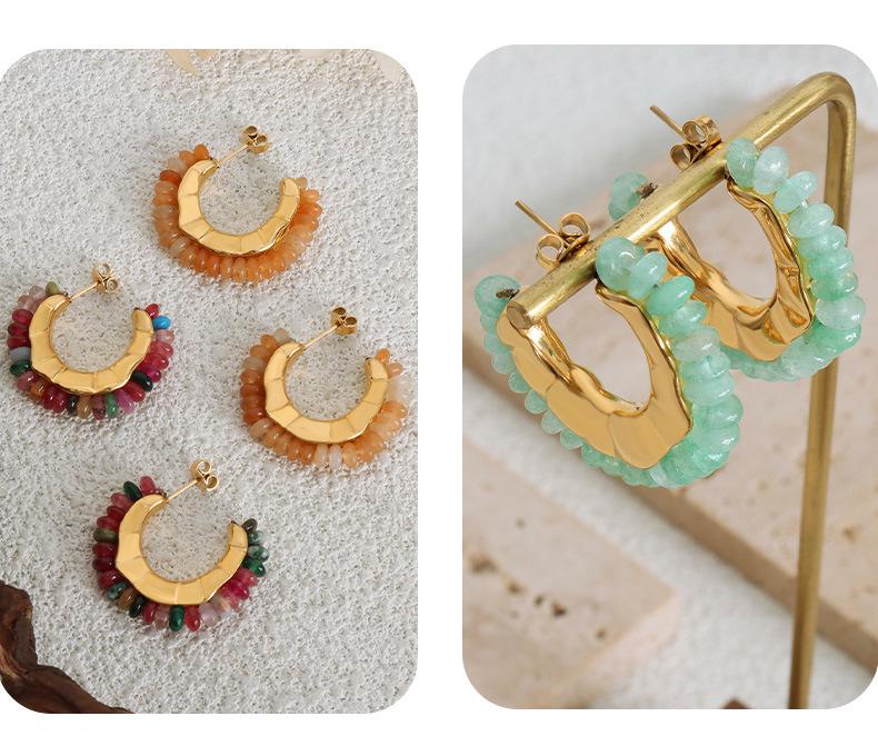 Gold-Plated C-Shaped Earrings with Multi-Color Natural Stone Inlay