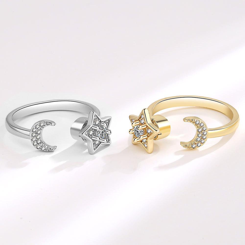 Star Moon Geometric Adjustable Ring With Zirconia For Women Fashion Jewelry