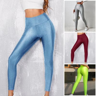 Leggings femininas de alta elasticidade, ajuste fino, cor sólida, brilhante, cintura alta, ioga