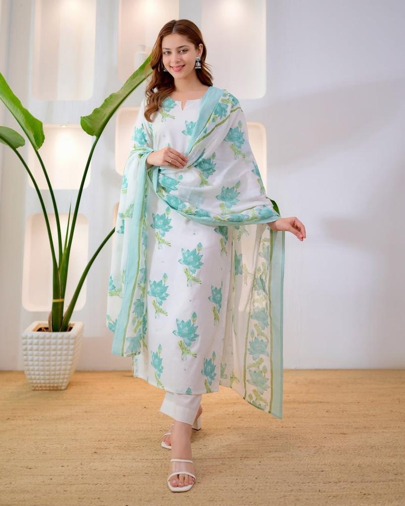 Beautiful Cotton Kurti Pant Dupatta Set Indian Bollywood Top Tunic Kurta Set
