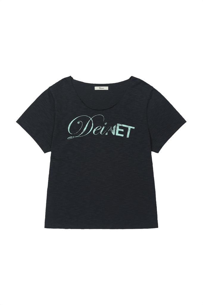 DEINET Off Shoulder Graphic T-Shirt In Navy