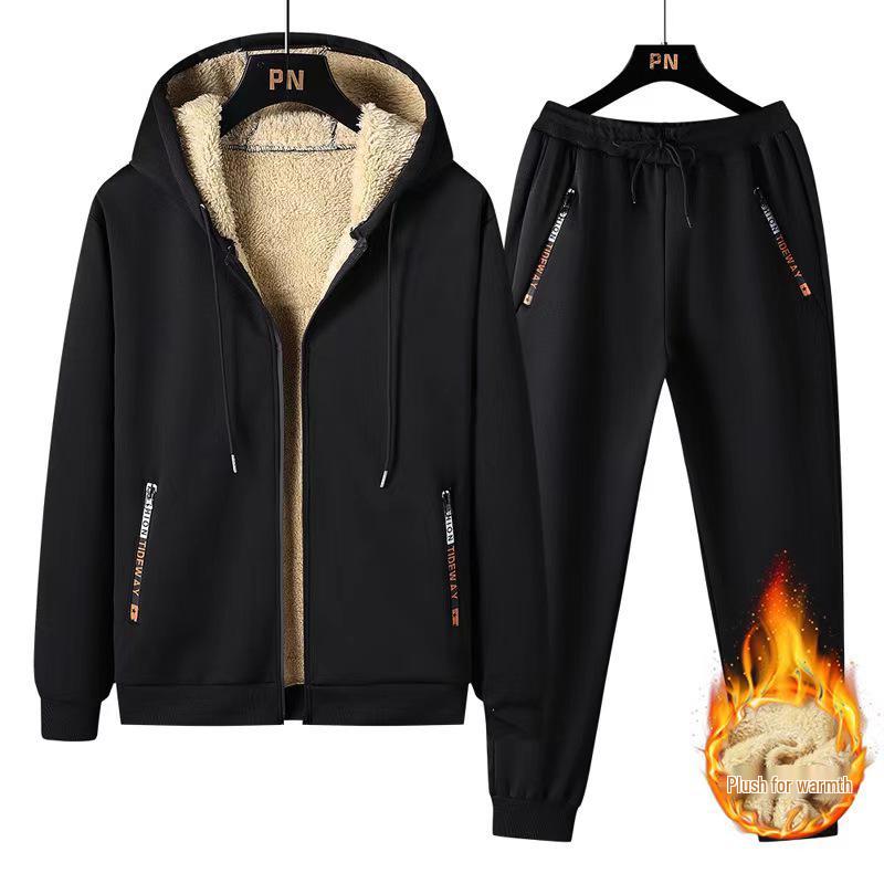Men's 2024 Autumn/Winter Fleece-Lined Lambswool Hooded Two-Piece Set (Plus Size Available)