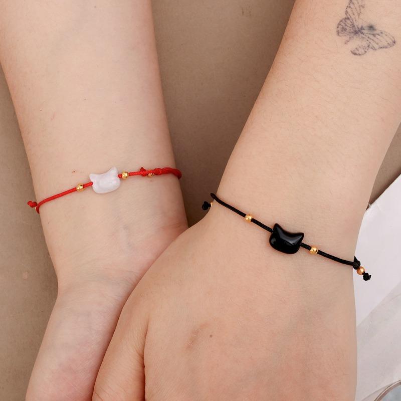 2pcs Natural Moonstone Bracelet Couple Friends Cute Cat Obsidian Charms Black Red Handmade Rope Bracelets Party Jewelry Gifts