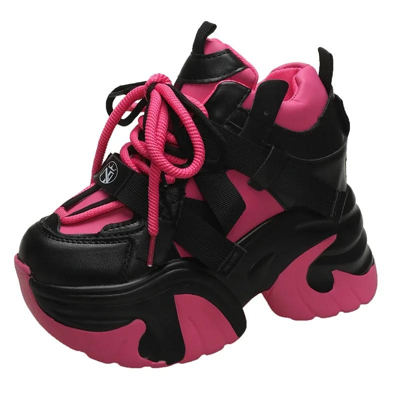 Fashion Women High Platform Casual Leather Shoes 2025 New Autumn Lace-up Chunky Sneakers 10.5cm Wedges Hidden Heels Leisure Shoes Woman