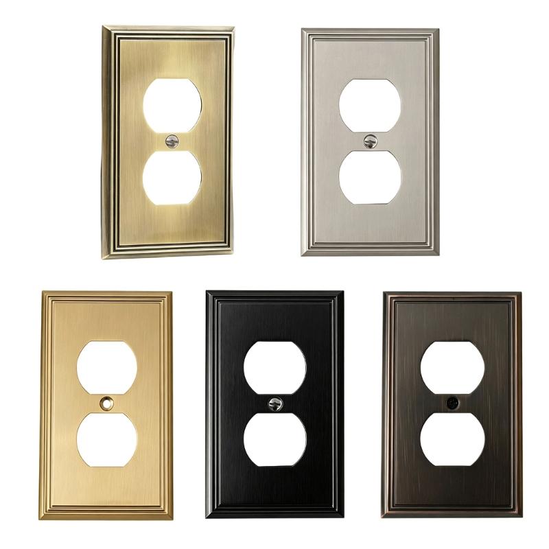 Electroplated Wall Outlet Cover Plate with Stepped Decorative Border for Indoor Wall Detail and a Unified Metal Finish
