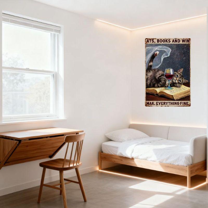 Vintage Cats Books & Win Metal Sign, Gray Tabby Cat on Aged Book with Wine Glass Tin Poster, Distressed Rusty Metal Wall Decor f