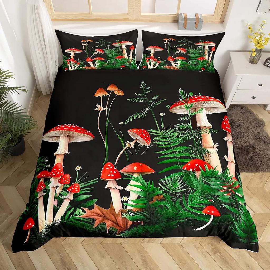 Comforter Cute Mushroom Bedding Set King Queen Size Botanical Comforter Wild Fungus Colorful Plants Leaves