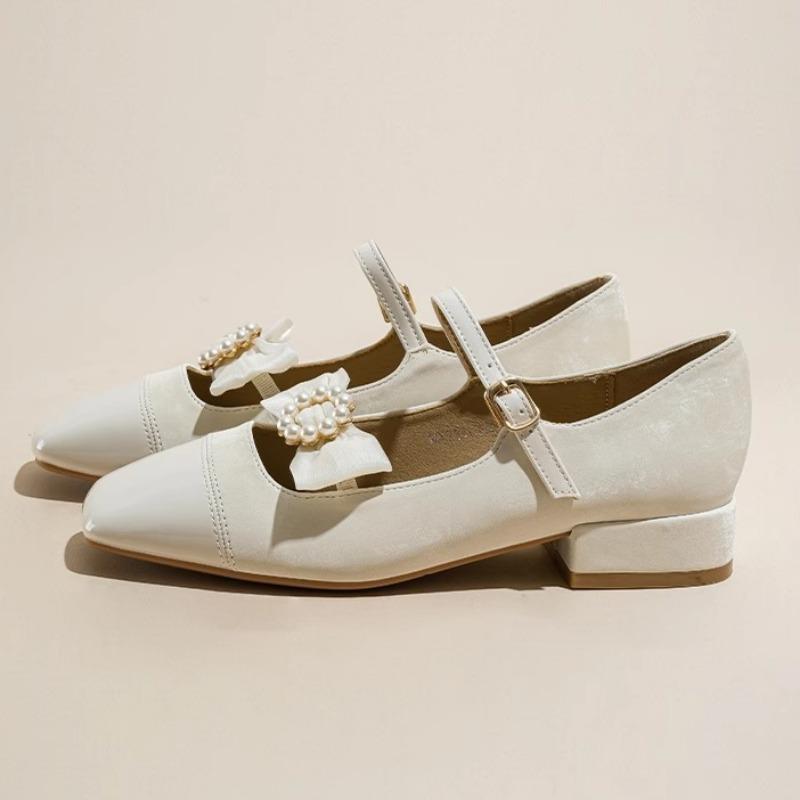 Spring New Coarse Heel Single Shoes Women's Square Head Shallow Mouth Butterfly Knot Non-slip Low Top Shoes