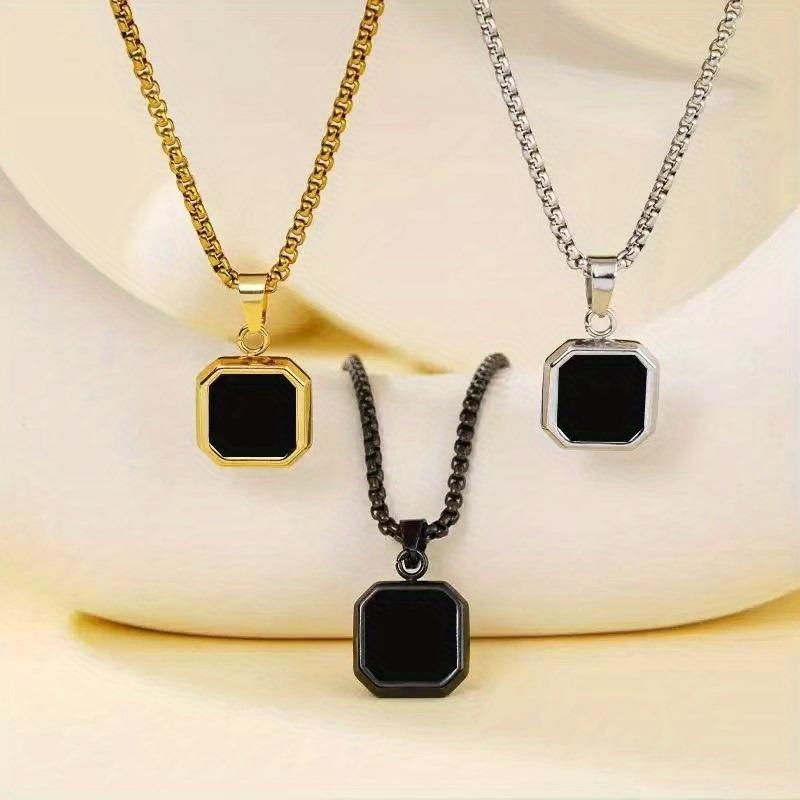 Gold Plated Stainless Steel Black Square Pendant Box Chain Necklace