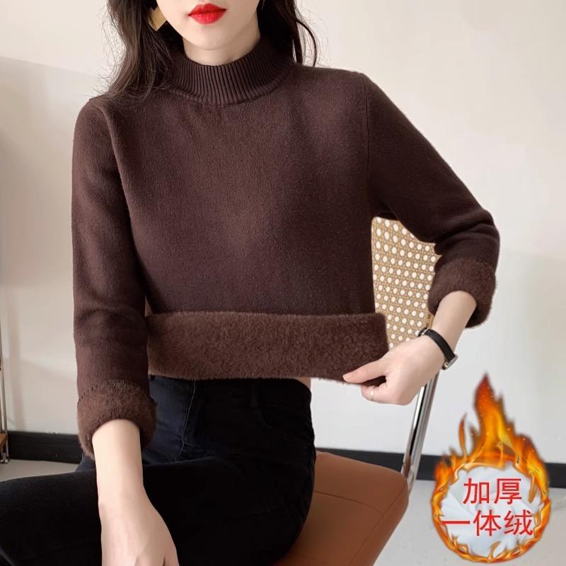 

Осенне-зимний плюшевый свитер женская базовая водолазка с полувысоким воротом утолщенный теплый внутренний с интегрированным норковым бархатом вязаный белый топ average size [recommended 80-60kg] темно-коричневого