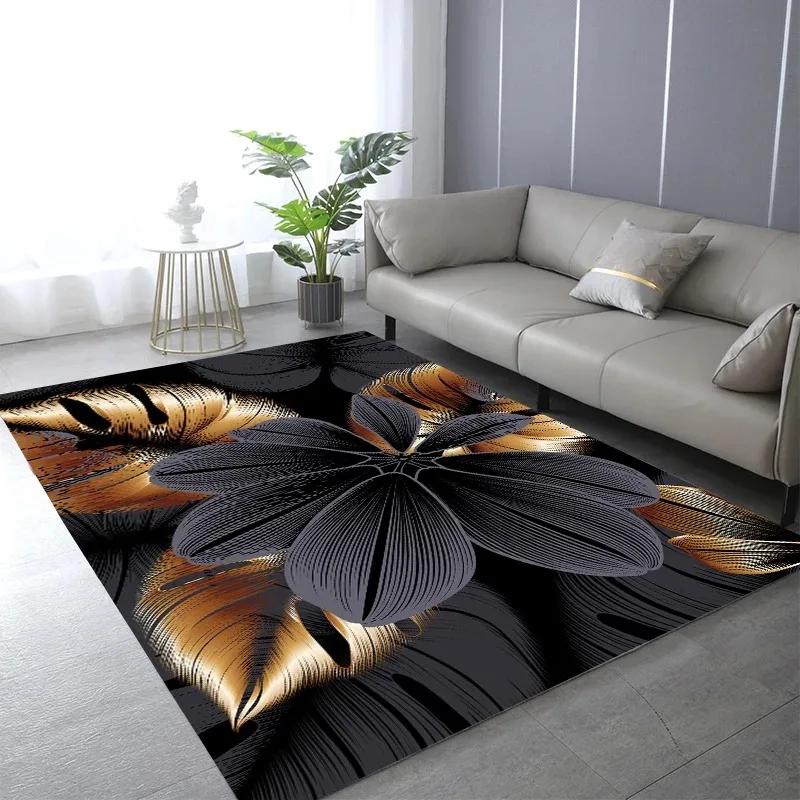 Abstrakt Schwarz Gold Pflanze Blatt Teppich Kunstdruck Design Teppiche für Schlafzimmer Nachttisch Rutschfest Zuhause Sofa Couchtisch Dekor Fußmatte