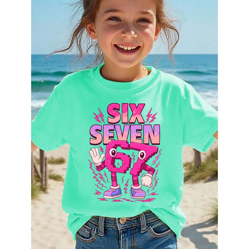 Summer Children's Round Neck Pure Cotton Short-sleeved Number '67' Colorful Printed Casual T-shirt, Fashionable Top for Girls 67