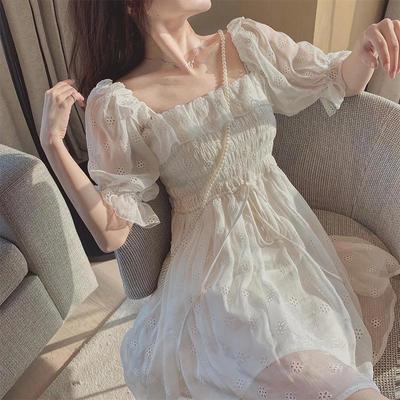 French Summer Dress Women White Puff Sleeve Korean Style Fairy Dress Lace Chiffon Kawaii Elegant Vintage Dress