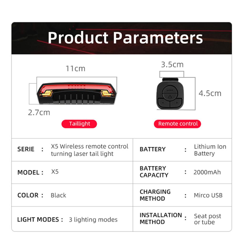Bike Light Meilan X5 Rear Light Bike Remote Wireless Light Turn Signal LED Beam USB Chargeable Cycle Tail Light Lamp