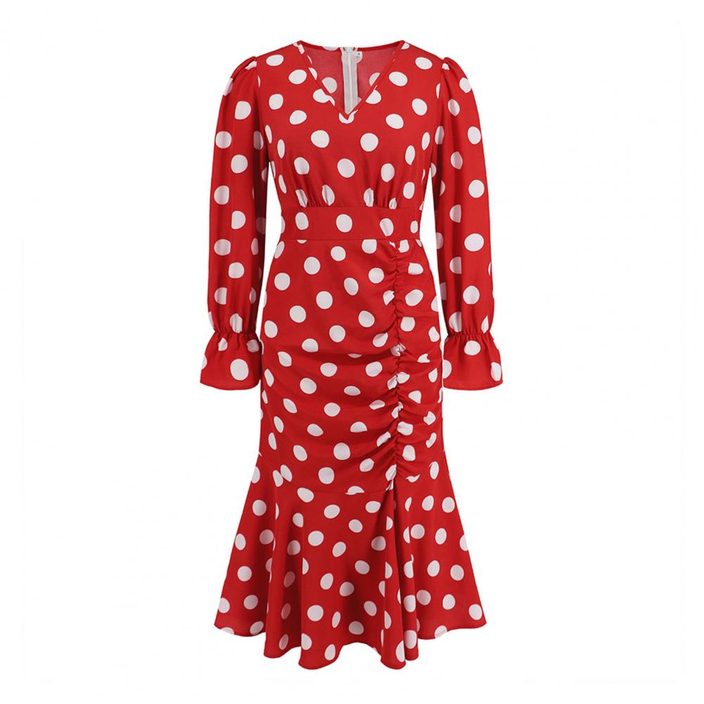 

Женское платье в горошек с V-образным вырезом, облегающее, с высокой талией, длинным рукавом, с мягкими плиссированными оборками в стиле пэчворк, застежка-молния сзади, длина до середины бедра S красный