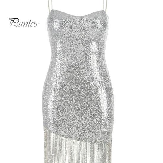Women Evening Dress Low-cut Spaghetti Strap Backless Sleeveless Sequin Slim Fit Slant Hem Tessel High Waist Above Knee Length Party Gown Summer Mini