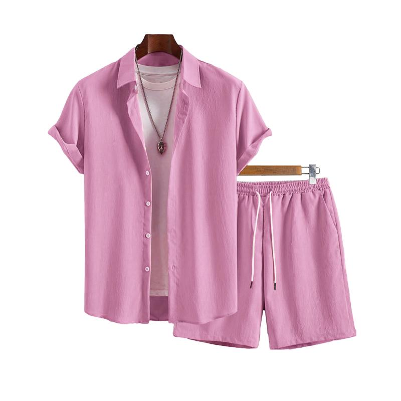 Men Wrinkle Textured 2 Piece Set Short Sleeve Button Shirt & Drawstring Shorts Summer Beach Casual Matching Outfit