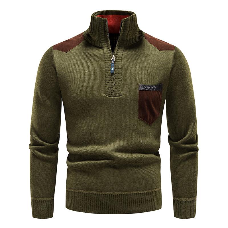 Winter Men Stand Collar Sweater Men Patchwork Knitwear Jumpers Slim Fit Brown Knitted Sweater Male Fleece Warm Pullover