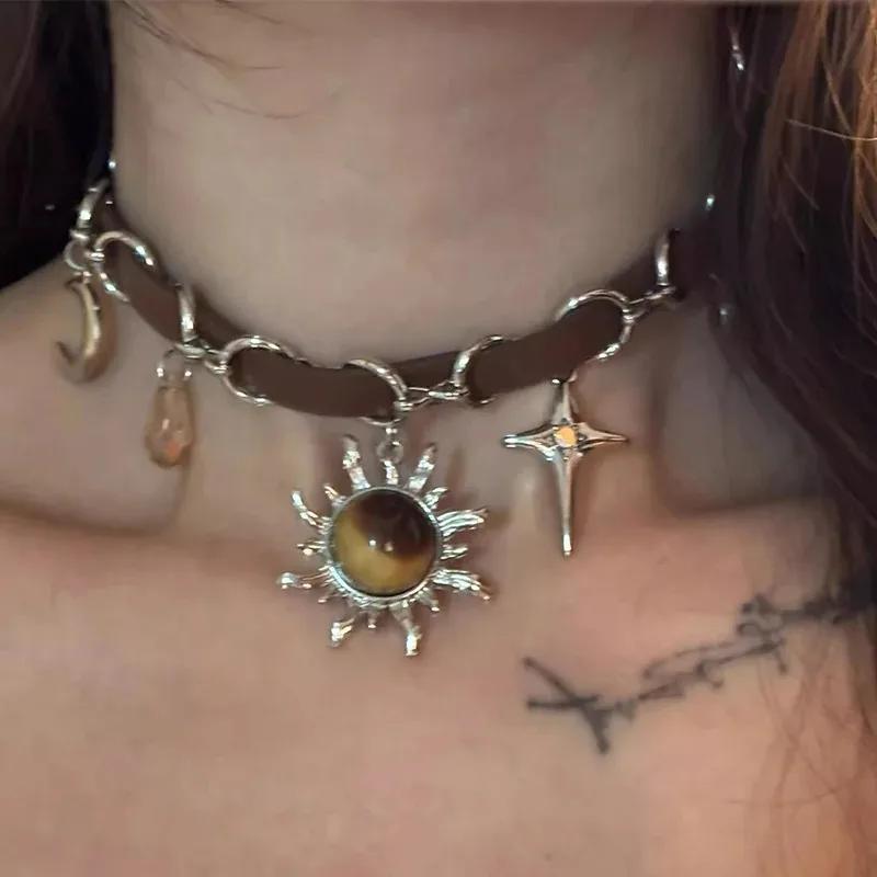 Punk Solid Women Girls Y2K Necklace Wide Lace Rivets Choker Angel Wings Cool Leather Necklace Daily Wear